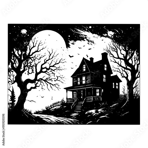 “Hand-drawn black and white illustration of a Halloween themed interior scene, arched window with large spider web pattern, hanging lanterns and charms, pumpkins and vases with plants, wooden floor, c