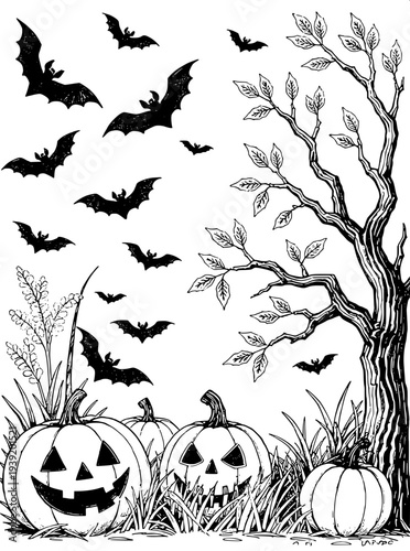 “Hand-drawn black and white illustration of a Halloween themed interior scene, arched window with large spider web pattern, hanging lanterns and charms, pumpkins and vases with plants, wooden floor, c