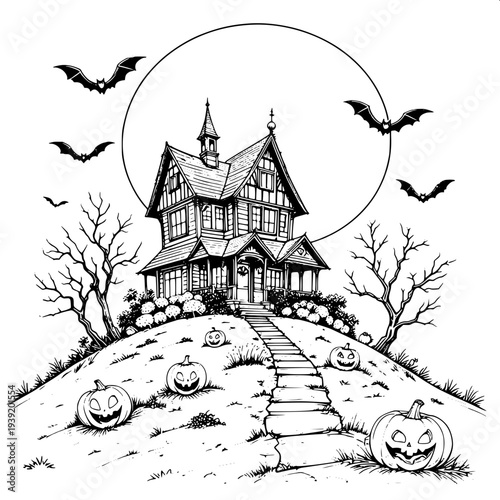 “Hand-drawn black and white illustration of a Halloween themed interior scene, arched window with large spider web pattern, hanging lanterns and charms, pumpkins and vases with plants, wooden floor, c