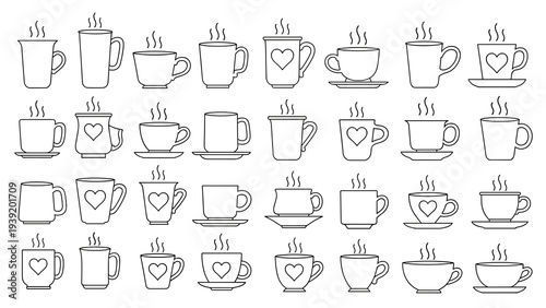 Vector Line Art Mugs and Cups Collection: Stylish Coffee and Tea Cups for Cafe Menus, Drink Designs, and Cozy Home Decor Projects Featuring Steaming Hot Beverages