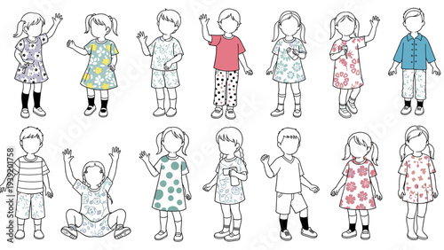 Diverse Group of Children in Outlined Vector Illustration: Playful Kids in Casual Outfits, Perfect for Educational Resources and Creative Designs, Featuring Various Poses and Patterns