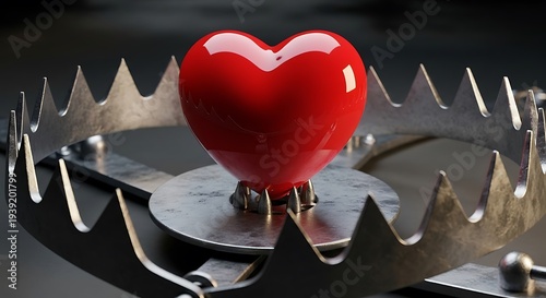 A bright red heart rests precariously on the jagged teeth of a metal bear trap, symbolizing danger in love or a risky emotional entanglement