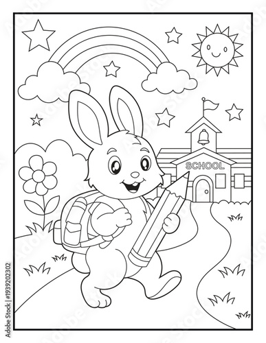 Wallpaper Mural Cute Bunny Back to School Coloring Page for Kids. Simple Cartoon Rabbit with Backpack and Pencil Line Art Printable Activity Sheet for Children. Torontodigital.ca