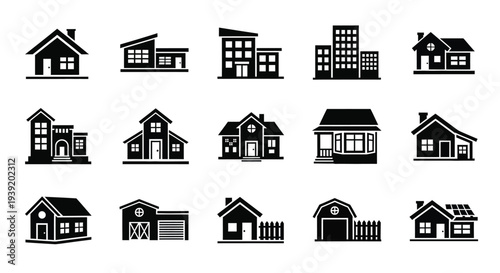 Collection of diverse house icons in a flat black silhouette