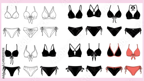 Bikini Fashion Collection: Stylish Swimwear Designs for Summer Fun - A Variety of Contemporary Bathing Suits in Black, White and Coral for Beach, Pool, Vacation, and Wardrobe Layouts