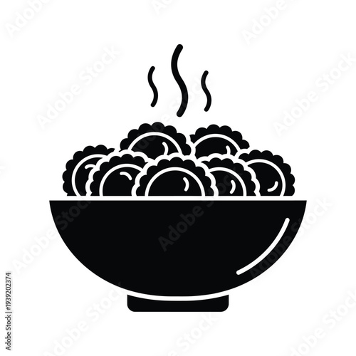 Bowl of steaming dumplings icon on white background