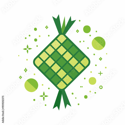 Vibrant green Ketupat flat illustration for Islamic holidays and cultural celebrations, symbolizing blessings and traditional culinary heritage of Southeast Asia in a modern design