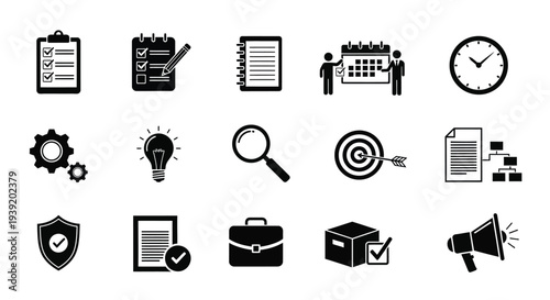 Collection of black icons representing business and office tasks silhouette