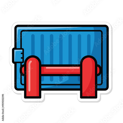 Industrial radiator heater illustration featuring red pipes in a blue and black graphic design
