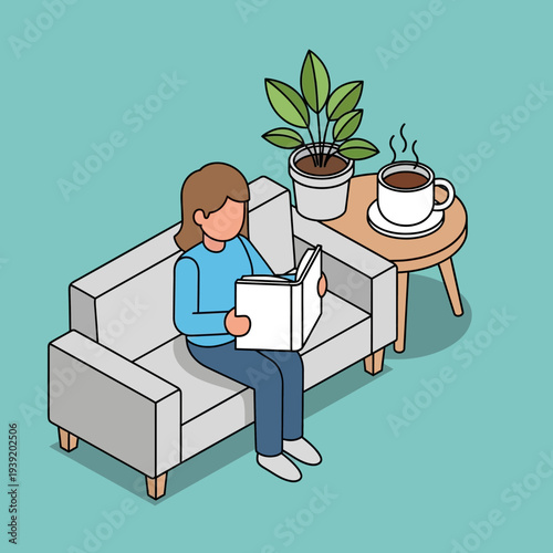 Woman Relaxing on Sofa Reading a Book with Coffee.