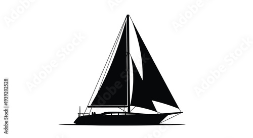 A sleek sailboat glides across the water depicted as a silhouette