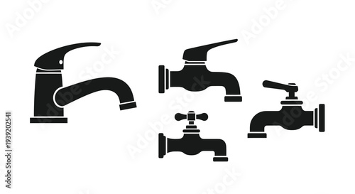 Four black faucet designs presented in a minimalist silhouette