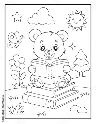 Wallpaper Mural Cute Teddy Bear Reading Book Coloring Page for Kids.   Simple Cartoon Animal Line Art Printable Activity Sheet for Children. Back to School Worksheet Torontodigital.ca
