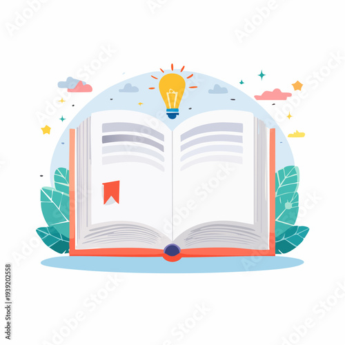 Colorful flat illustration depicting an open book with a glowing light bulb, symbolizing the fusion of education, learning, new ideas, creative insight, and inspiration