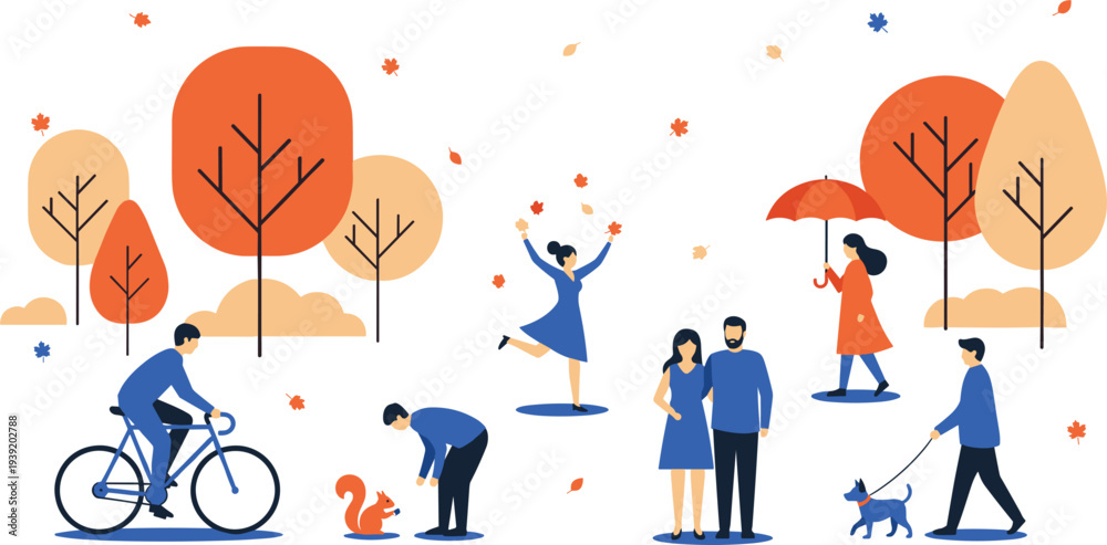 Fototapeta premium Autumn Outdoor Activities with People Cycling, Walking Dogs, Enjoying Nature, and Exploring Fall Foliage in a Vibrant Park Setting