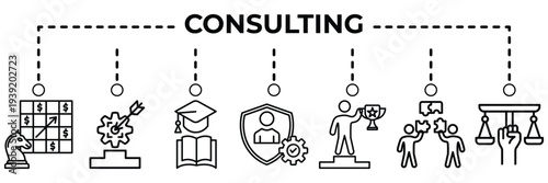 Consulting banner web icon vector illustration for professional advisory concept with business analysis, education, strategic guidance, teamwork and problem solving icons