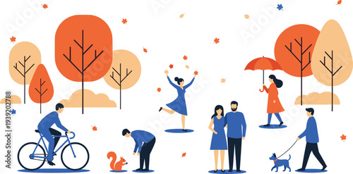 Autumn Outdoor Activities with People Cycling, Walking Dogs, Enjoying Nature, and Exploring Fall Foliage in a Vibrant Park Setting