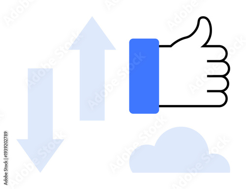 Social media concept. Social media dominance illustrated with a thumbs-up, growth arrows, and cloud elements. Social media promoting online engagement and digital interaction. For branding