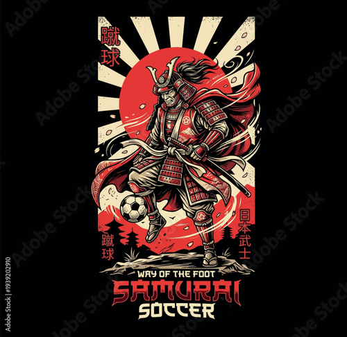 Basic RGBSamurai Soccer Warrior Illustration, Japanese Ukiyo-e Style Football Player Rising Sun Graphic T-Shirt Design