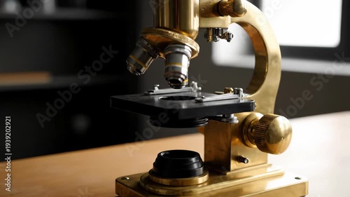 Vintage microscope on a wooden table, science research equipment.
