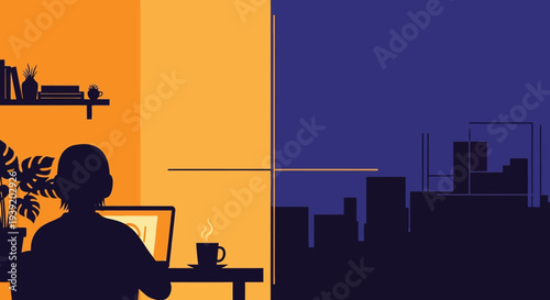 Person working on laptop with city view dramatic color gradient silhouette