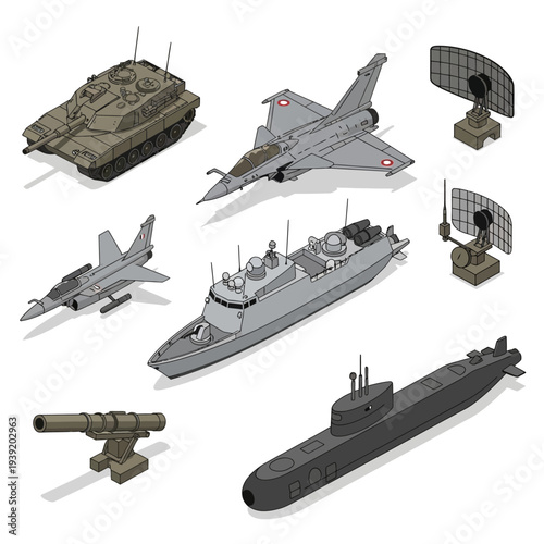 Collection of Military Vehicles and Equipment including Tanks Aircraft Ships and Radar Systems.