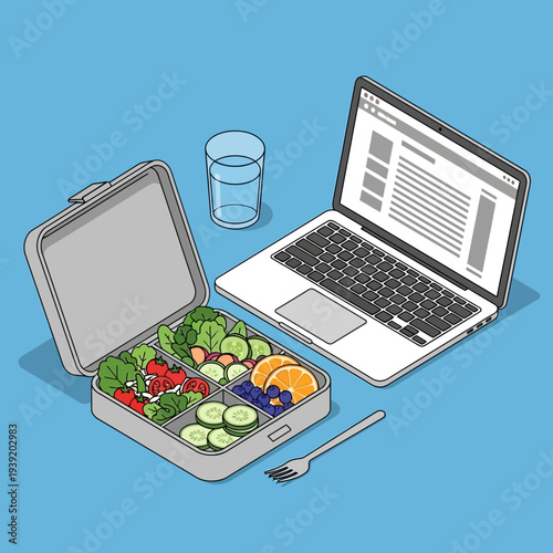 Healthy meal in lunchbox beside laptop and glass of water.