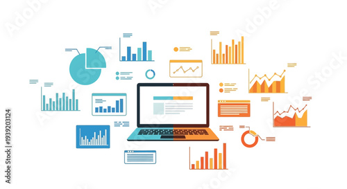 Data analysis graphics and a laptop computer flat design silhouette