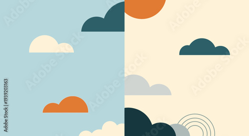 Minimalist landscape with divided sky and cloud shapes silhouette