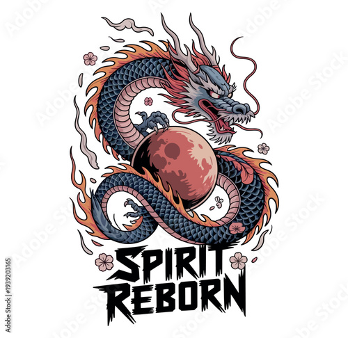 Japanese Dragon Spirit Reborn T-Shirt Illustration, Mythical Fantasy Dragon Graphic Design for Streetwear Apparel