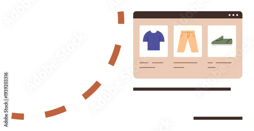 E-commerce, online retail, digital shopping, product catalog, UI design, clothing marketplace. Webpage with shirt, pants shoes in product listing view. E-commerce and online retail concept