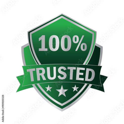100% Trusted Badge - Green Shield with Silver Ribbon and Stars for Business Reliability.eps
