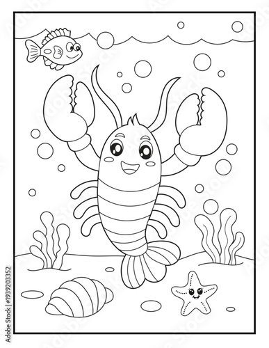 Wallpaper Mural Cute Lobster Underwater Coloring Page for Kids. Adorable Ocean Creature with Fish, Starfish and Sea Plants. Simple Sea Animal Line Art Printable Activity Sheet for Children. Torontodigital.ca