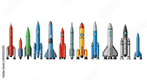 Collection of colorful rockets and spacecraft lined up.