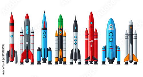 Collection of diverse rockets and spacecraft ready for launch.