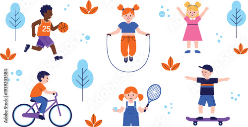 Children Engaged in Different Outdoor Activities, Including Cycling, Basketball, Skipping, and Skateboarding, Surrounded by Nature Elements