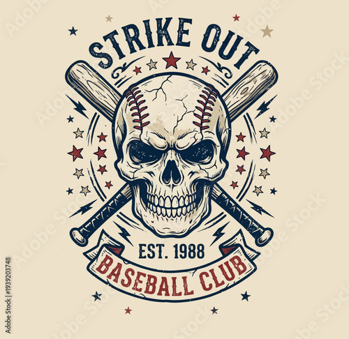 Baseball Club Strikeout Emblem: A dynamic emblem embodies the spirit of baseball, featuring a skull with crossed bats and baseball, capturing the essence of the game. 