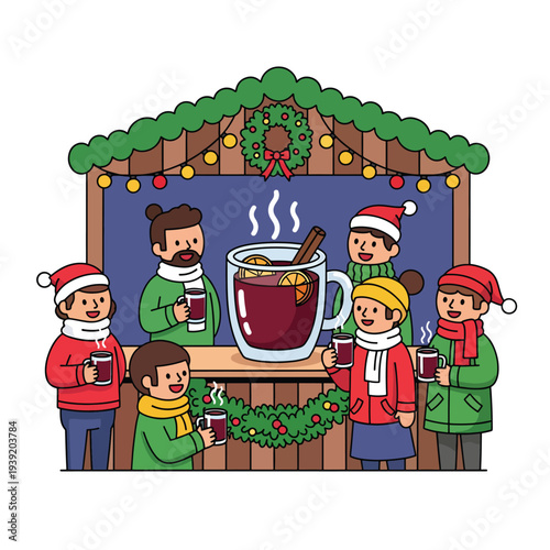 Group of friends enjoying mulled wine together at a festive holiday market stall with decorations.