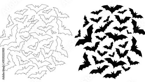 Spooky Bat Swarm: Halloween Vector Graphic with Silhouette and Outline for Festive Designs, Creepy Invitations, and Themed Decorations, Perfect for Creepy Backgrounds and Party Elements