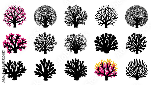 Vibrant Sea Life Illustrations: Collection of Stylized Coral Designs for Marine Biology Education, Coastal Decor, and Ocean Conservation Projects - Vector Set for Creative Design