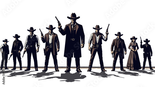 Vintage Western Showdown: A Squad of Gunfighters in Retro Style, Ready for Action, Creating an Atmosphere of Classic Cowboy Adventure, Ideal for Graphic Novels and Historical Themes