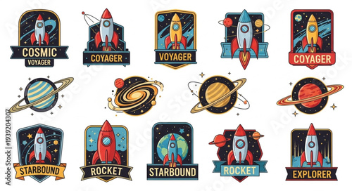 Collection of retro space rockets and planets emblems.