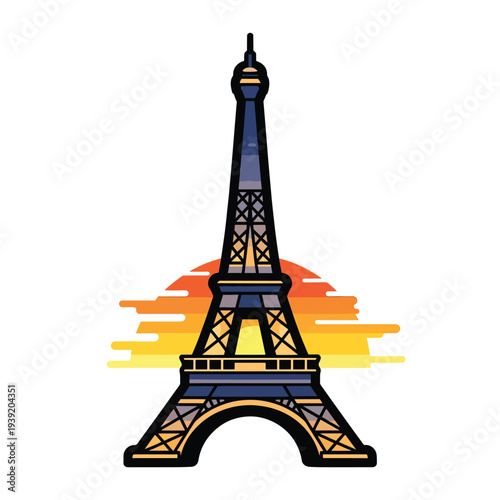 Illustration of Eiffel Tower at sunset with vibrant colors and bold lines, capturing the essence of Parisian architecture