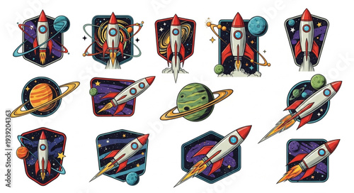 Collection of Retro Space Rockets and Planets Icons.