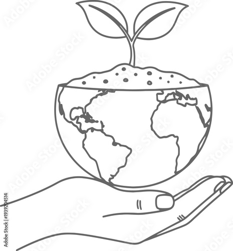 Vector illustration of hand holding globe with plant growing out of it