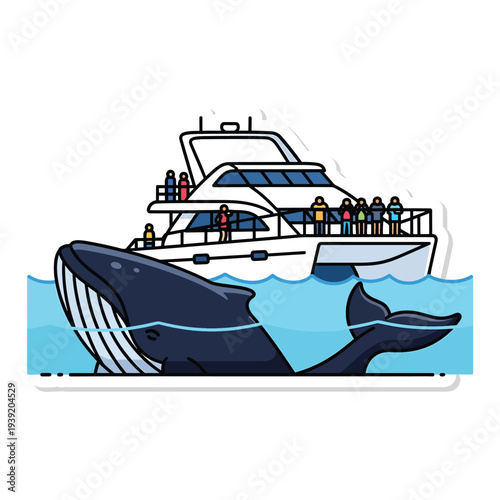 Tourists on a yacht observe a whale breaching in the ocean waters illustration