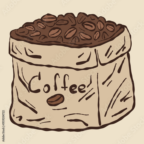 Bag of Coffee Beans Illustration. Coffee Sack Illustration. Roasted Beans Pack. Hand drawn beans