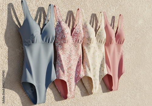 Collection of five one-piece swimsuits hanging on a textured wall in the sun