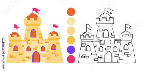 Sand castle coloring page for kids. Sandcastle with color palette and black and white outline isolated on white background. Vector illustration 