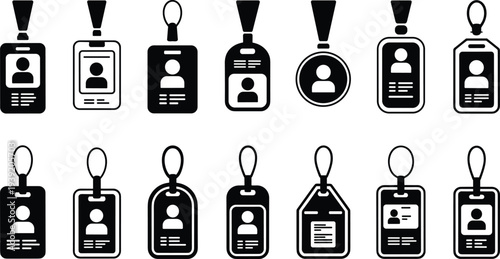 Set of identification badge icons with lanyards, employee ID card collection in black and white isolated on light background for corporate design projects